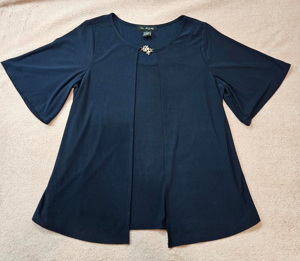 Elie McCarthy Small Blue Short Bell Sleeve Top w/Pearl & Rhinestone Brooch Clasp